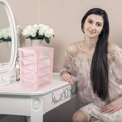 DOITOOL 4 Drawer Cube Storage Organizer for Home Office, Plastic Makeup Organizer Storage Station Cube, 4 Drawer Desktop Organizer for Office Supplies, Makeup Supplies (Pink)