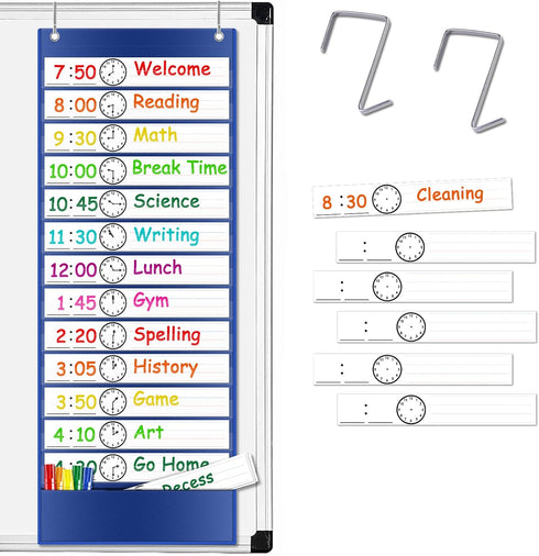 Daily Schedule Pocket Chart, Class Schedule with 13+1 Pockets, 18 Dry Eraser Cards, 2 Easy Over Door Mountings (Blue)