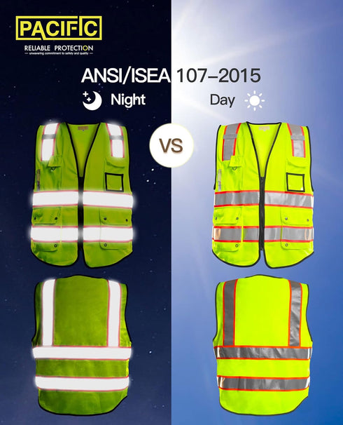 PACIFIC 10 Pockets Safety Vest for Men, 3M High Visibility Reflective Strips with Pockets and Zipper, ANSI Class 2, Yellow, Medium