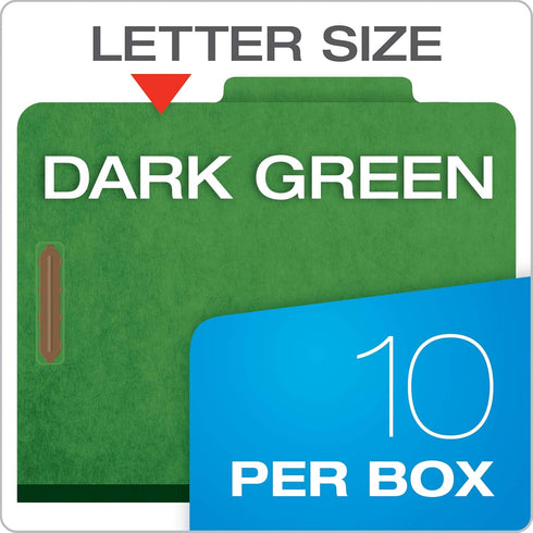 Pendaflex Classification Folders, Standard, Dark Green, 3 Dividers, Embedded Fasteners, 2/5 Cut Tab, Letter, 10/BX