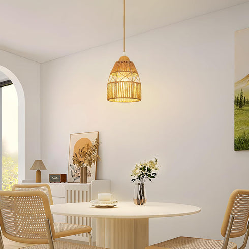Boho Rattan Pendant Light Kitchen Island,Farmhouse Chandeliers Adjustable Height Hanging lamp for Dining Room,Small