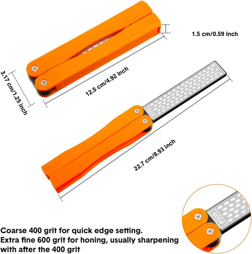 2 Pack Garden Tool Sharpener, Folding Pocket Diamond Knife Sharpener, 400/600 Grit for Outdoor & Kitchen