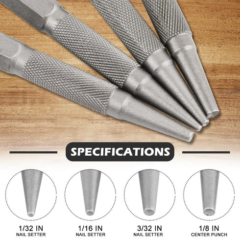 iayokocc 4pcs Set, 1/32", 1/16", 3/32" Setter 1/32" Setter Carpenter Center Punch Professional Nail & Nail & Center