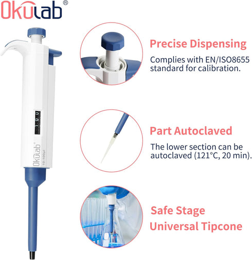 Single-Channel Micropipette, 10-100µl, Manual Adjustable Mechanical Pipette, High-Accurate, Autoclavable