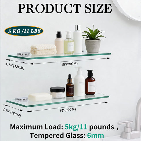 15 4.75 Inches, 2 Pack Bathroom Shelves, Glass Floating Shelves for Bathroom, Kitchen, Living Room, Bedroom,Tempered