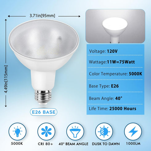 PAR30 Bulbs,Dusk Bulbs Driveway,11W 1000LM 5000K White,E26 Non-Dimmable, Location,2 Pack LED Outdoor Flood Light