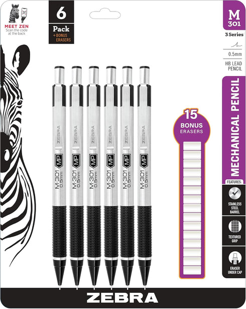 Zebra M-301 Stainless Steel Mechanical Pencil 0.5 mm Point Size, 6 Pack with 15 Bonus Eraser Refills