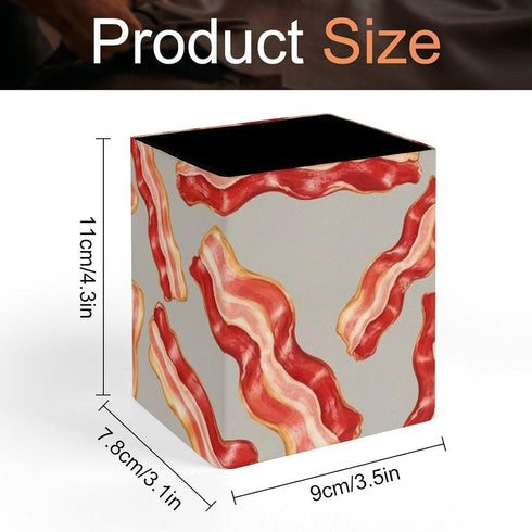 Meaudiwes Leather Pen Holder Stand Square Pencil Cup Desktop Stationery Organizer Food Bacon