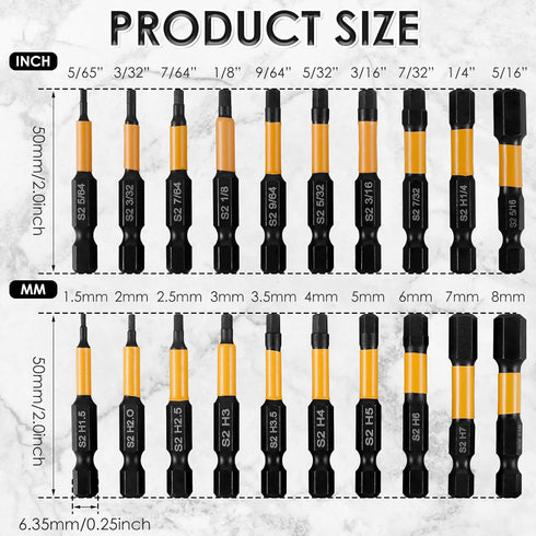 20Pcs Impact Hex Head Allen Wrench Drill Bit Set, SAE and Metric 1/4" Hex-Shank S2 Alloy Steel Hex Bit Kit, 2” Long Magnetic Quick Release Hex Shank Screw Driver Drill Bit Repair Tool for Home Repair