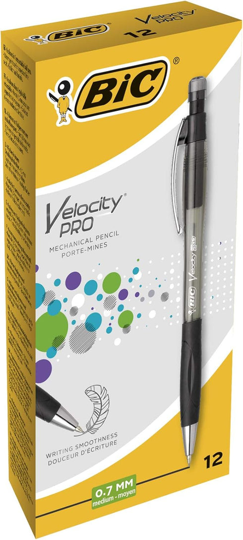 Bic Velocity Pro Refillable Mechanical Pencils - Box of 12 Black 0.7 mm (3 HB) Lead Pencils with Eraser