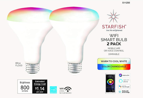S11256 BR30 Bulb, 9.5 120 800 2-Pack Satco Starfish WiFi Smart LED Light Works with Siri, Alexa, Google Assistant