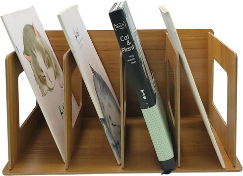 Desktop DIY Storage Bookshelf, Wooden CD Album Rack, 4 Compartments Magazine Holder for Office Study Home