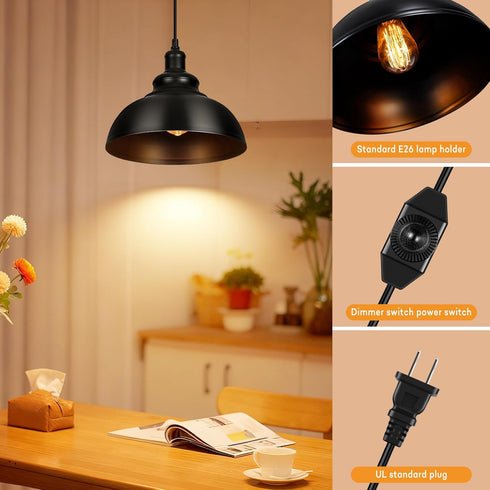 Dimmable Dimmer LG9925343 Lightess Black Pendant Lights with Plug in Cord and ON/Off Switch, Industrial Hanging Kitchen
