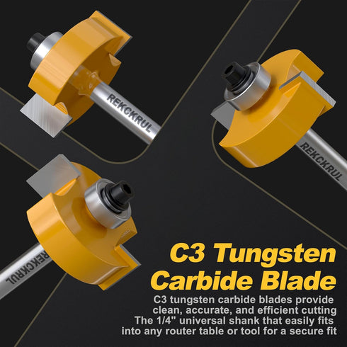 1/4 6 Set (1/8", 1/4", 5/16", 3/8", 7/16", 1/2") Shank Professional Rabbet Router Bit with Bearings - Interchangeable