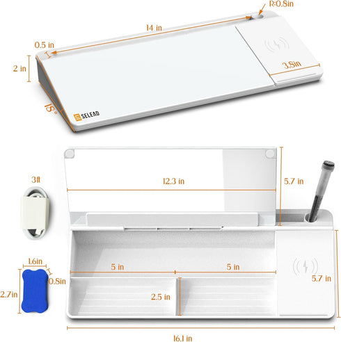 SELEAD Desktop Glass Whiteboard with Wireless Charger Station & Built-in Mirror, Dry Erase Board, White