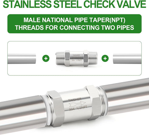 TAISHER 1PCS 304 Stainless Steel 1/2" NPT Male Check Valve, Backflow Prevention Non-Return Check Valves