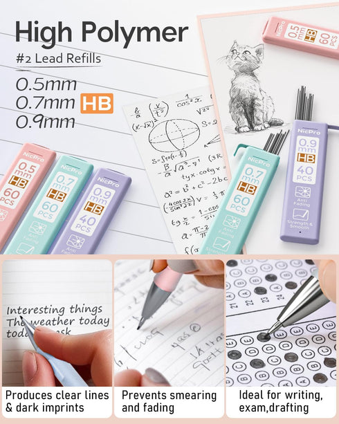 Nicpro 6PCS Pastel Mechanical Pencil Set, Cute Mechanical Pencils 0.5 mm & 0.7 mm & 0.9 mm with 360PCS HB Lead Refills, Eraser, Eraser Refill for Student Writing Drawing Sketching Drafting with Case by Nicpro