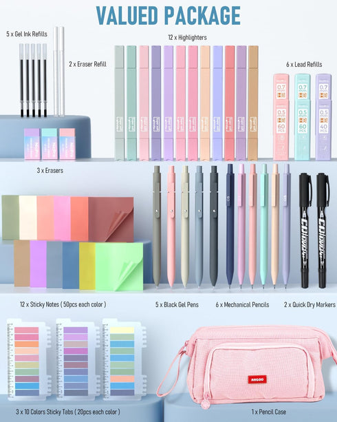 Nicpro 84 PCS Aesthetic Book Annotation Kit, 12 Dual Highlighters, 5 Gel Pens, 6 Mechanical Pencils, 1200PCS Sticky