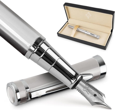 Wordsworth & Black Fountain Pen Set - Medium Nib, Includes 6 Ink Cartridges and Ink Refill Converter, Silver Chrome