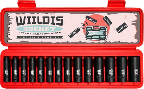 WIILDIS 14 Pieces 3/8-Inch Drive Deep Impact Socket Set, 7mm to 21mm,