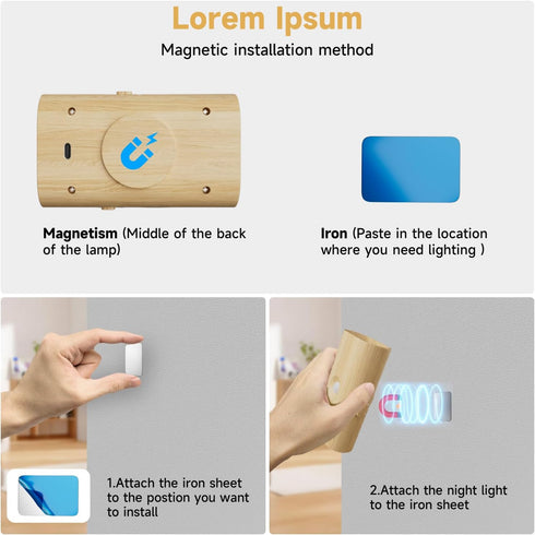 3600 3 10-100LM Dimmable, 2-Pack Wood Grain Night Light with Motion Sensor, Magnetic Attachment, Wireless, mAh Type-C