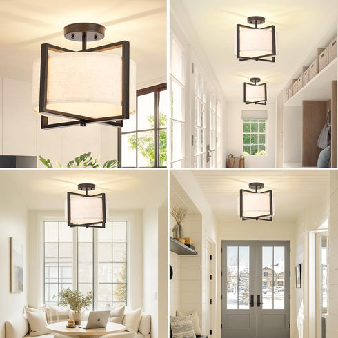 2 Fabric Ceiling Light Fixture Lights Boho Flush Mount Ceiling Lights Hand-Woven Rattan Drum Chandelier Farmhouse Light