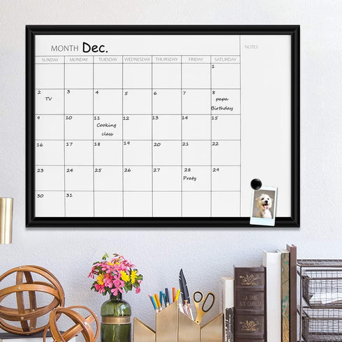 Dry Erase White Board & Monthly Calendar Board - Black Frame, Small Planning Board for Office, School, Home (12" x 16")