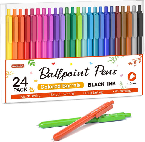 Shuttle Art 24 Pack Colored Ballpoint Pens, Retractable Black Ink Cute Pens 1.0mm for Writing Journaling School Office