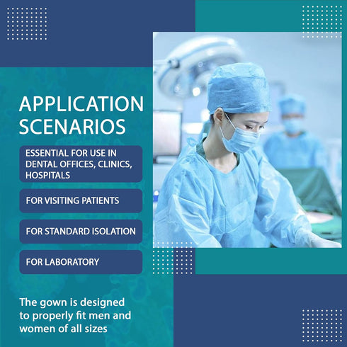 10 Pack Disposable Isolation Gowns - Blue Level 2 SMS 40gsm Non-Woven Material for Medical Use, Universal Size