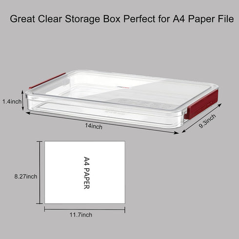 Clear A4 Paper Storage Box with Lids - Stackable Plastic File Storage Bins for Invoice Document Stationery, Desk