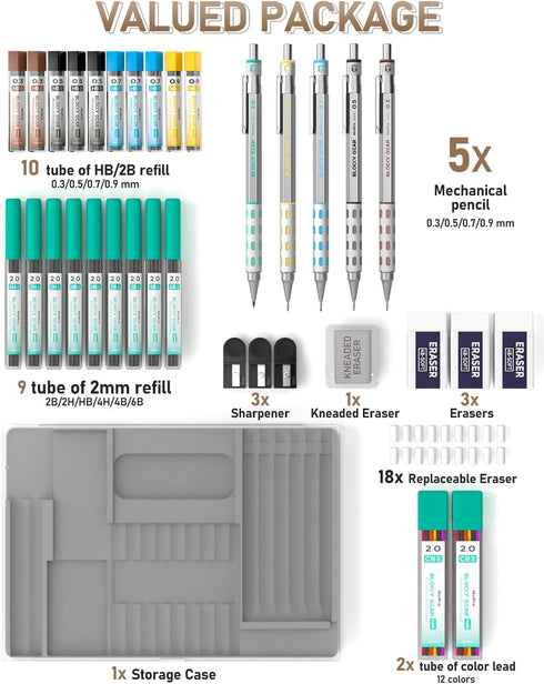 Nicpro 36PCS Blocky Gear Mechanical Pencil Set with Case, Metal Pencils for Art Drawing and Sketching