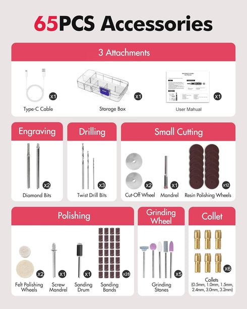 Set 64Pcs 5 5000-18000rpm 3.7V Cordless Mini Rotary Tool - Accessories Speed Multi-Purpose Mini Electric Grinder Kit