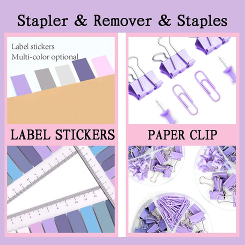Purple Office Supplies Set, UPIHO Stapler and Tape Dispenser Kit, Office Desk Accessories with Stapler, Tape, Remover,