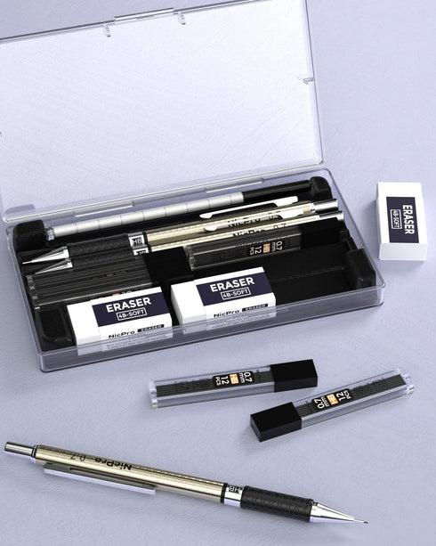 Nicpro 0.7 mm Art Mechanical Pencil Set - 3 PCS Metal Drafting Pencil with Lead Refills and Erasers for Artists