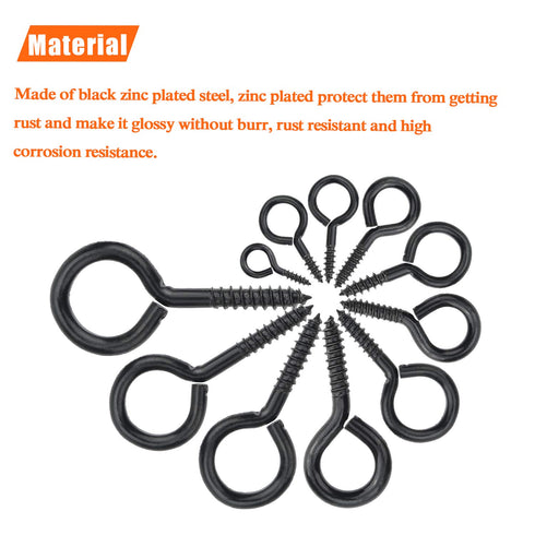 200 Pieces 1# Screw Eyes, Metal Screw Eye Pins Hooks, Black Zinc Plated Steel