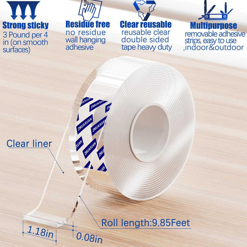 Strong Nano Double Sided Tape - Heavy Duty Mounting, Clear Removable Wall Sticky Adhesive Strips for Hanging