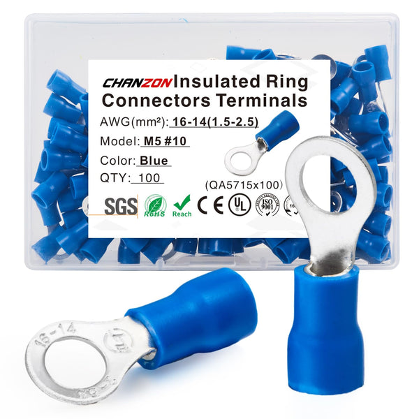 Chanzon 100pcs Blue Ring Terminals #10 M5, UL Listed Insulated PVC Eyelet Wire Connector, 16-14AWG Crimp Connector