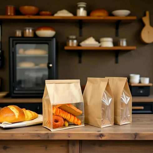50 9x4.3x11 Inch PCS Bakery Bags with Window - Large Bread Bags for Homemade & Sourdough Bread, Brown Paper Bread Bag