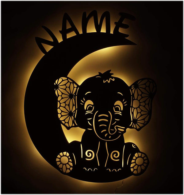 Namofactur Baby Newborn Night Light Personalized with Name, Unique Moon Sleepy Elephant LED