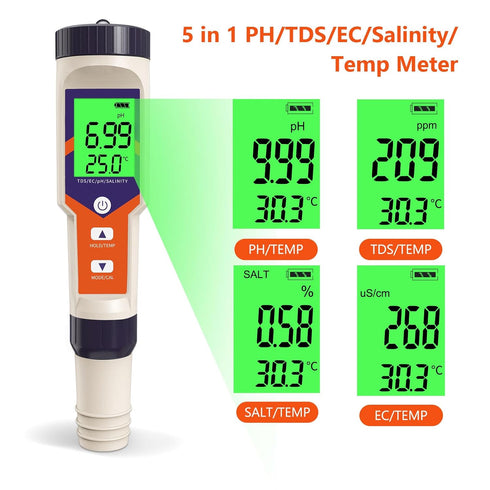 5 1 Digital PH Water Tester, in PH/TDS/EC/Salt/Temp Meter, a Practical Portable Meter for Pool, Aquarium, Drinking