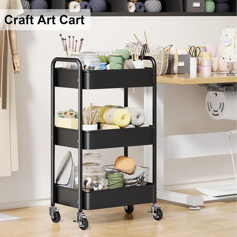 WBKATN 3 Tier Rolling Cart Metal, Black Carts with Lockable Wheels, Three Tiered Utility Trolley on Wheels, Sturdy Art