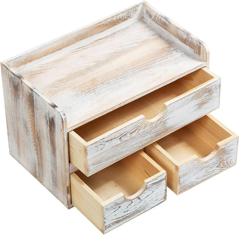 ZHWS Rustic Distressed White 3-Tier Wood Desk Organizer, Mini Desk Storage Shelf with 3 Drawers for Office Supplies