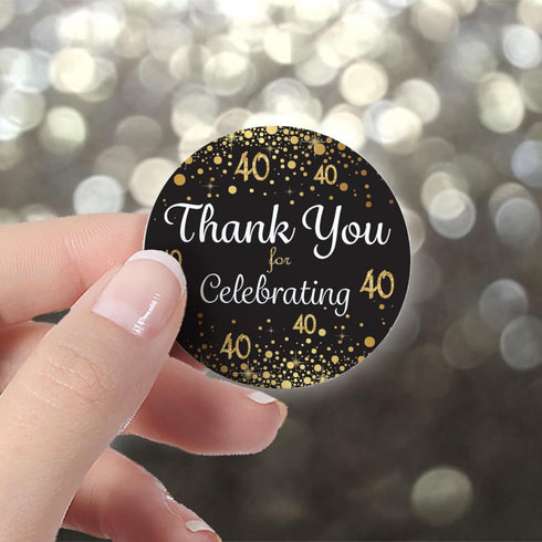 Black and Gold 40th Birthday Thank You Stickers, 1.75 in, 40 Labels
