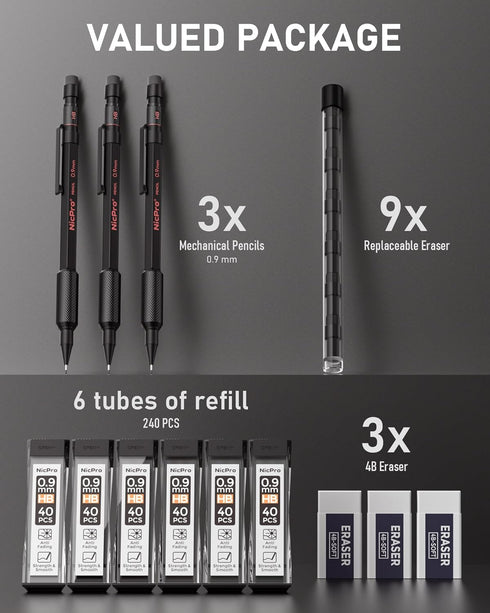 Nicpro 0.9 Metal Mechanical Pencil Set with Case, 3PCS Heavy Duty MP2000 Lead Pencil with 6 Tube HB Lead Refills