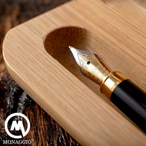 MONAGGIO Bamboo Fountain Pen, Luxury Wood with Refillable Converter, Fine Calligraphy Pen