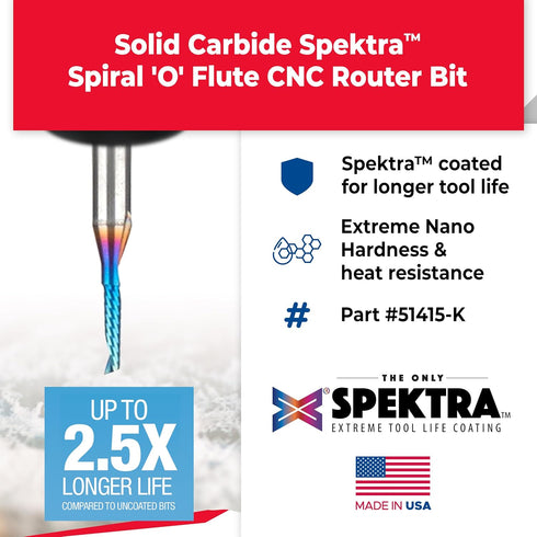 Amana Tool 51415-K Solid Carbide CNC Spektra Extreme Tool Life Coated Spiral 'O' Flute