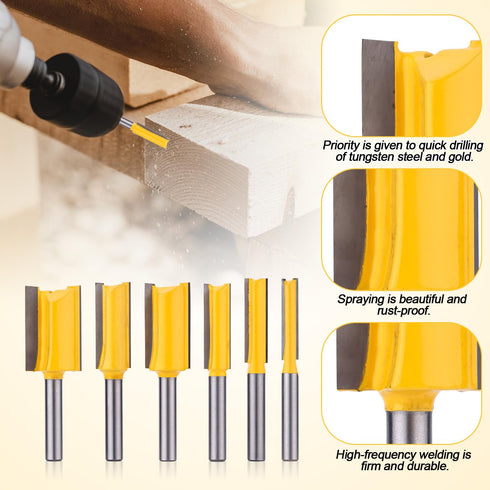 Gosknor 6pcs Set 1/4 Inch Straight Router Bit Shank, Flute Straight Router Bits Top Bottom Bearing Flush Trim Router