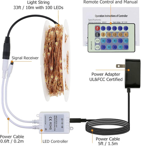 Dimmable 33 100 RUICHEN Copper Wire Ft LED Fairy String Lights Plug in with Remote, Warm White