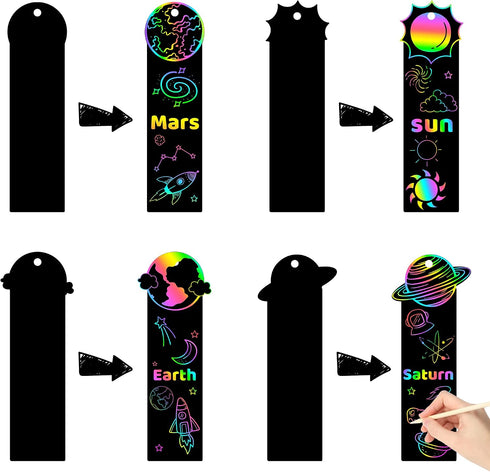 CY2SIDE 72PCS 9 Solar System Planets Scratch Bookmarks for Kids, Outer Space Theme Scratch Card Craft Kits, Galaxy Star