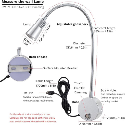 Dimmable 3CCT 5V 15" 1-Pack Touch USB Wall Mounted Bedside Reading Lamp Aluminum Silver Wall Sconce